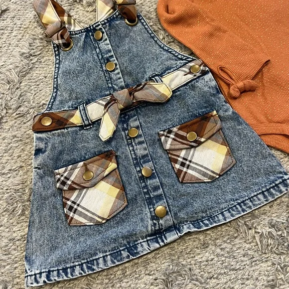 Little Lass 24M Toddler Girl Plaid Denim Pinafore Dress w/ Rust Sparkle Bodysuit - Picture 3 of 6